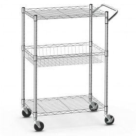 3-Tier Rolling Utility Cart with Handle Bar and Adjustable Shelves - Color: Silver