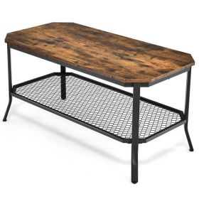 2-Tier Industrial Coffee Table with Open Mesh Storage Shelf for Living Room-Rustic Brown