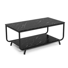 2-Tier Modern Marble Coffee Table with Storage Shelf for Living Room-Black