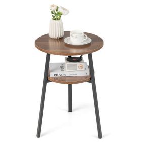 2-Tier Round End Table with Open Shelf and Triangular Metal Frame-Brown