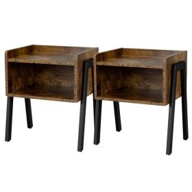 Industrial Wood End Table with Storage, Set of 2, Rustic Brown Finish