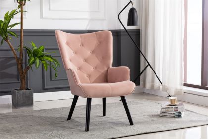 Accent Chair Living Room Side Chair Mid Century Modern Accent Chair With Wooden Legs Velvet Fabric, Pink