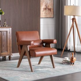 Accent chair; KD rubber wood legs with Walnut finish. PU leather cover the seat. With a cushion.Brown