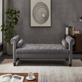 Dark Grey, Solid Wood Legs Velvet Rectangular Sofa Bench with Attached Cylindrical Pillows