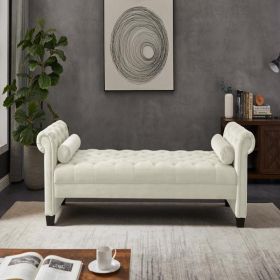 Ivory, Solid Wood Legs Velvet Rectangular Sofa Bench with Attached Cylindrical Pillows