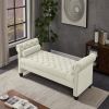 Ivory, Solid Wood Legs Velvet Rectangular Sofa Bench with Attached Cylindrical Pillows