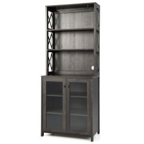 Tall Freestanding Bar Cabinet Buffet with Glass Holder and Adjustable Shelf-Gray - Color: Gray