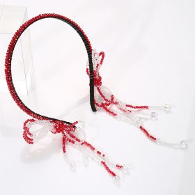 Women's Fashion Simple Handmade Beaded Bow Tassel Headband (Color: Red)