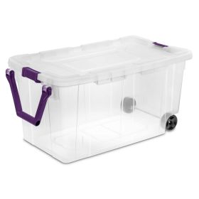 160 qt. Storage boxes on wheels, plastic, set of 2 (Color: Clear Base/Purple Latches)